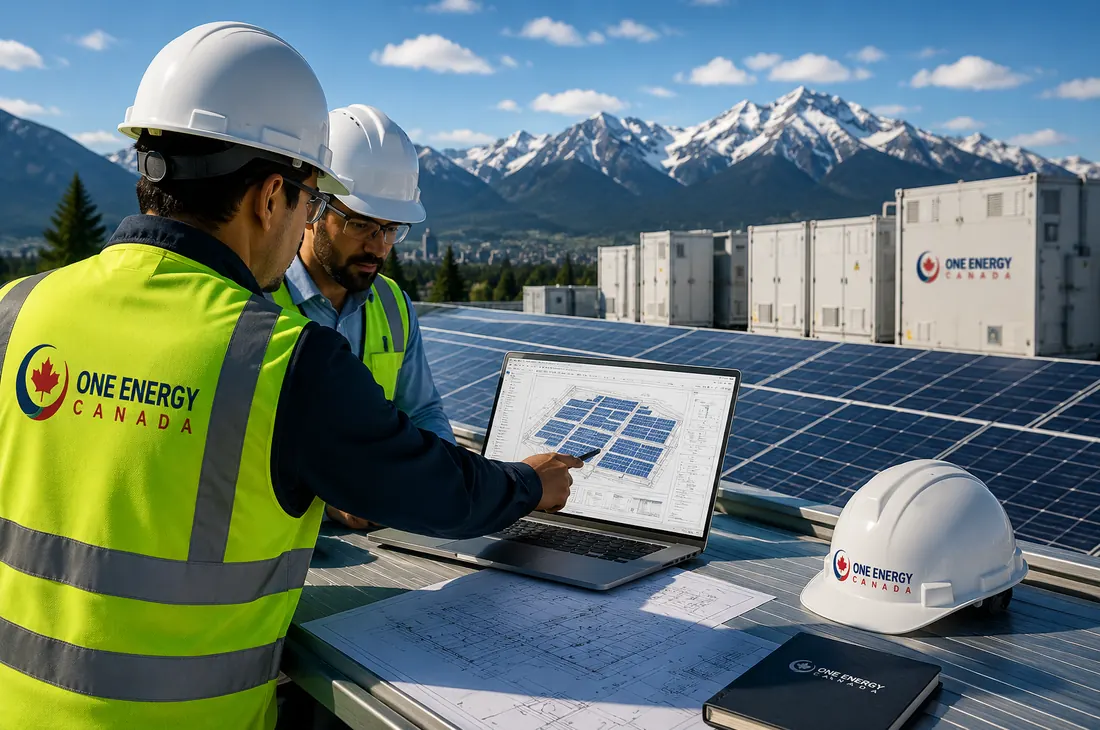 Engineering team reviewing solar and storage drawings on site