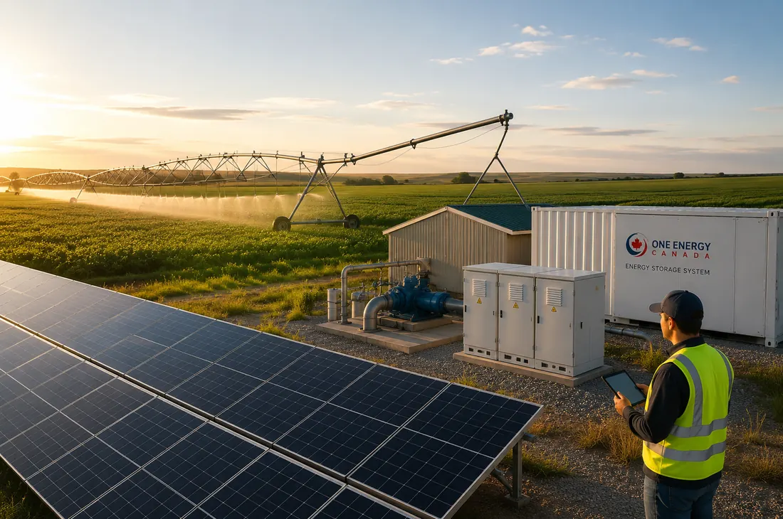 Centre pivot irrigation next to a ground-mounted solar array in southern Alberta