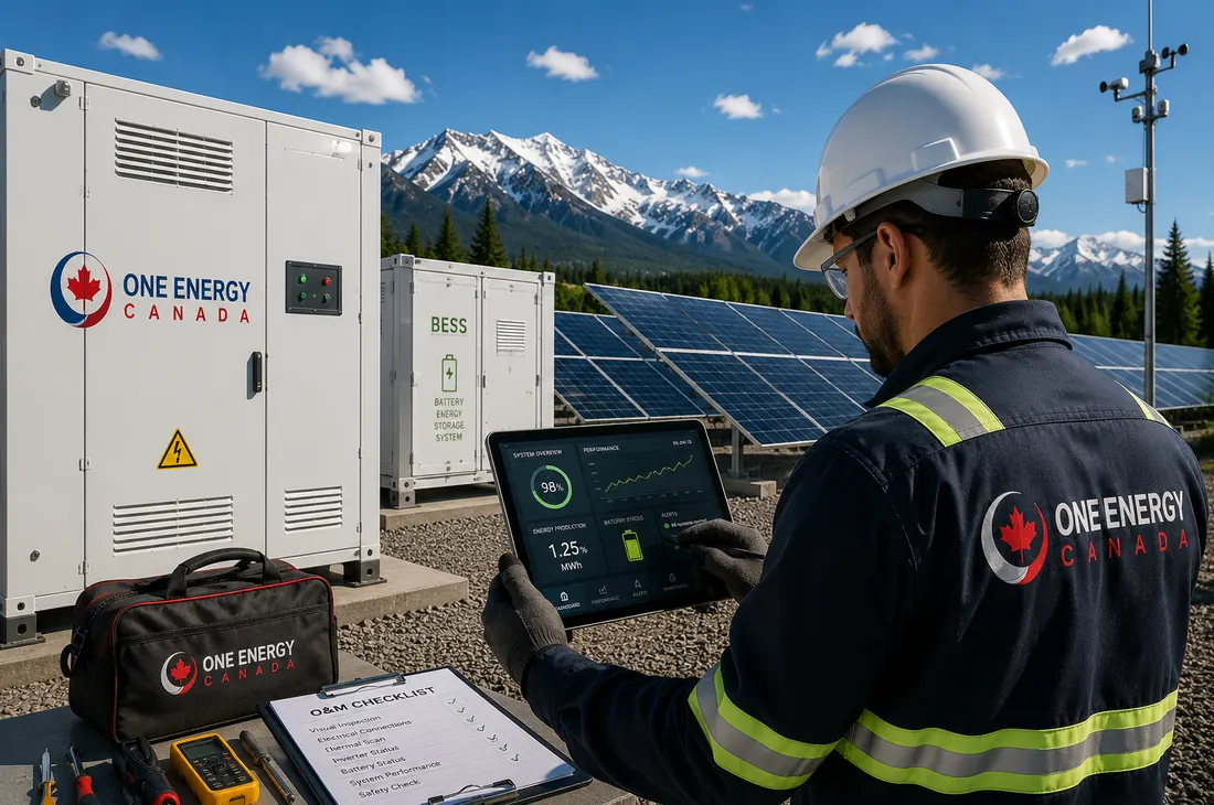 Technician running diagnostics on a battery energy storage system